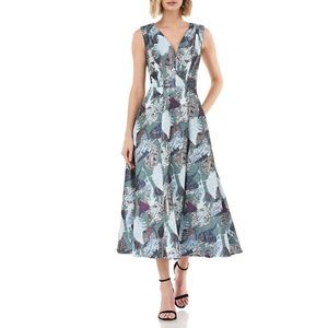 Kay Unger sleeveless jacquard blue silver teal metallic fit and flare midi cockt